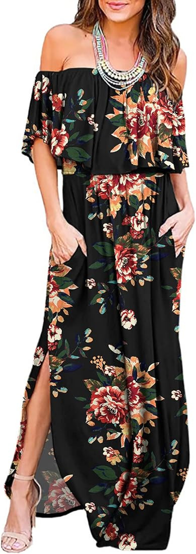 LILBETTER Womens Off The Shoulder Ruffle Party Dresses Side Split Beach Maxi Dress | Amazon (US)