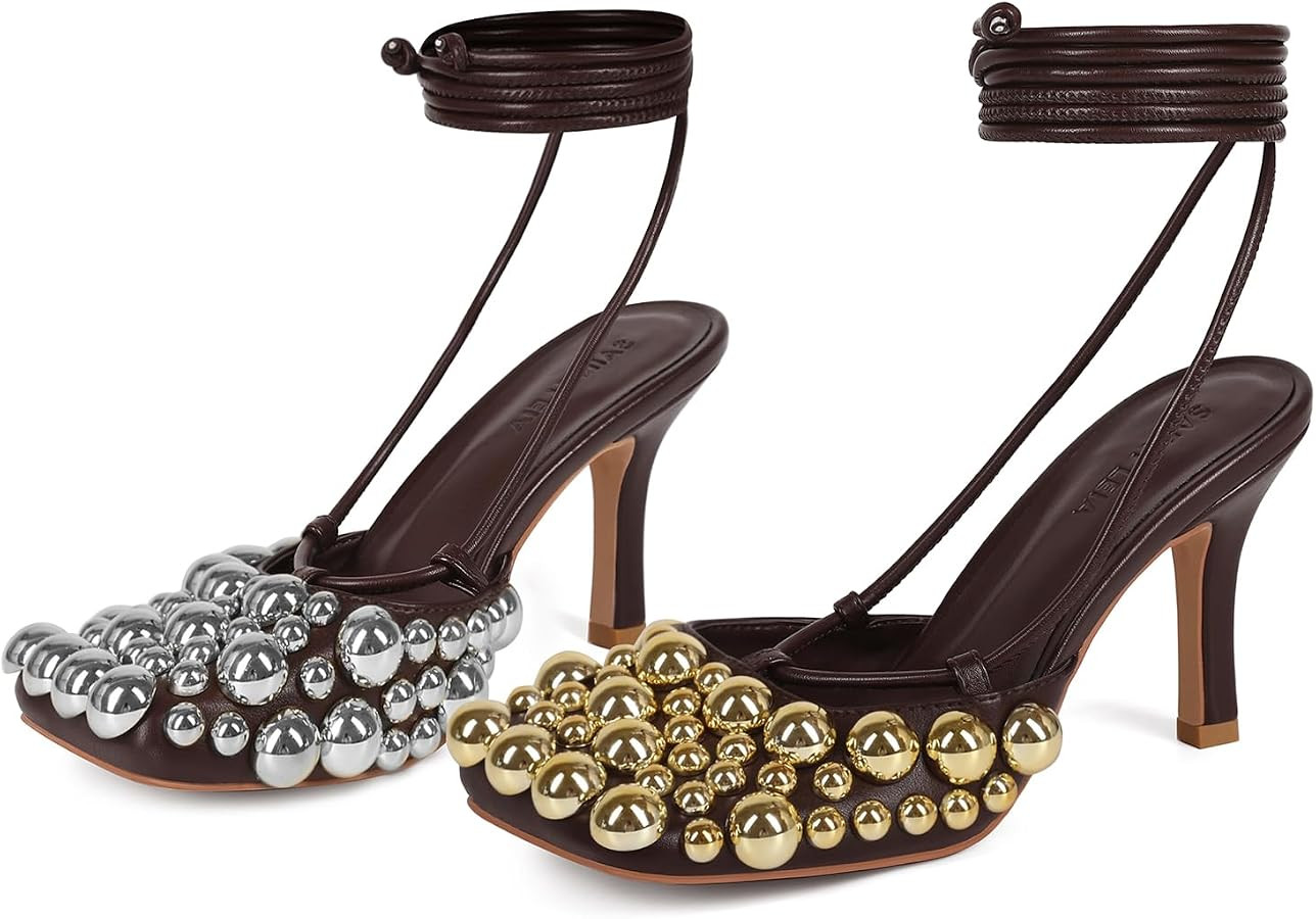 Saint Leia Women's 4IN High Heel Sandals Nude Stiletto Pumps with Gold Silver Pearls Heels for We... | Amazon (US)