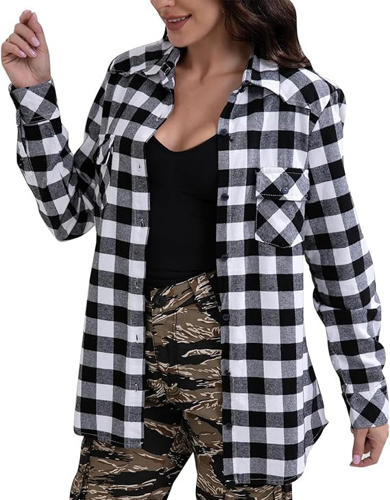 Match Womens Button Down Flannel Plaid Shirts roll up Long Sleeve Shackets Business Blouse Top | Amazon (US)