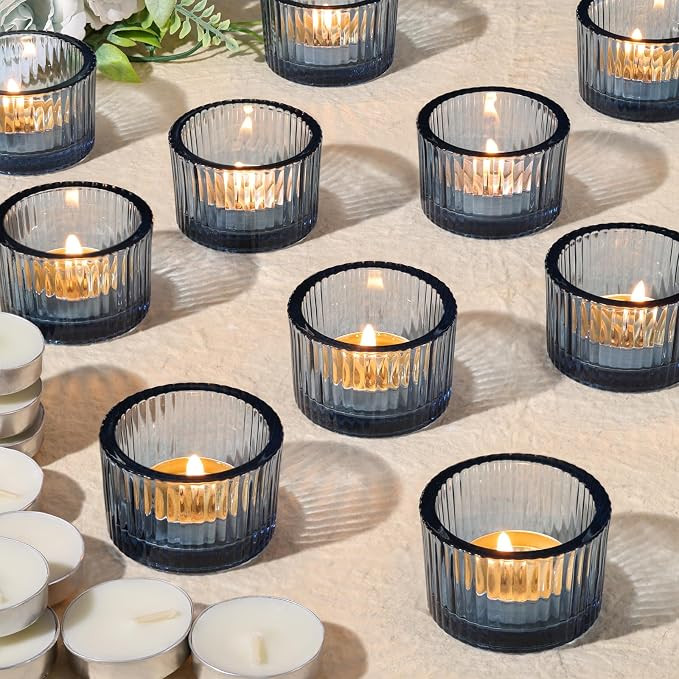30Pcs Blue Tealight Candle Holder, Ribbed Votive Candle Holders Glass with 32pcs Tea Light Candle... | Amazon (US)