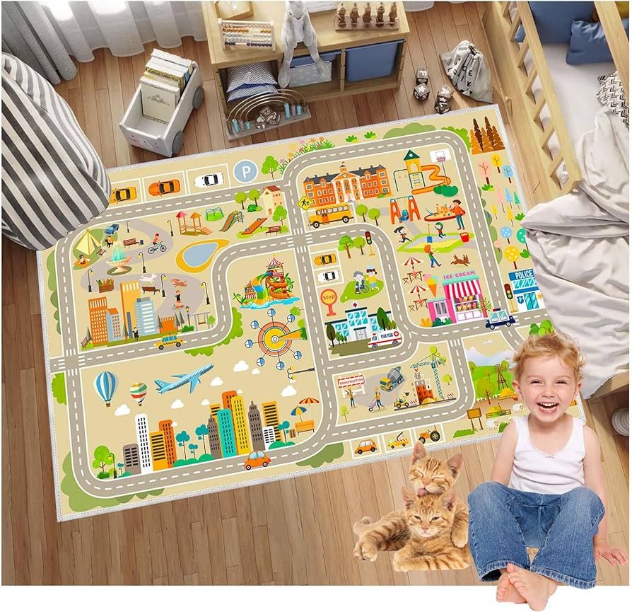 Kids Car Rug Play Mat Carpet for Playing Cars Toys, City Life Road Traffic Map Playroom Rug for C... | Amazon (US)
