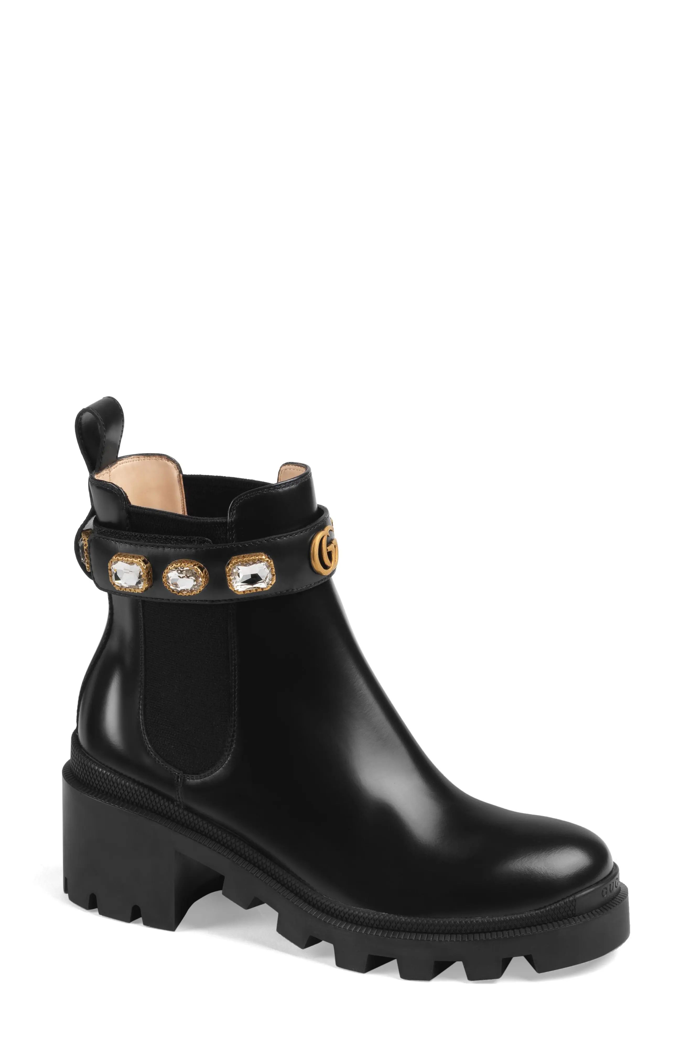 Gucci Trip Jewel Strap Bootie in Black Leather at Nordstrom, Size 11Us | Nordstrom