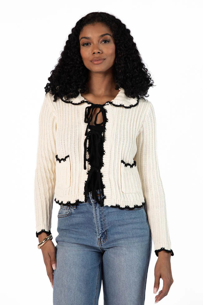 Aim High Cream and Black Tie Front Crochet Cardigan | Pink Lily