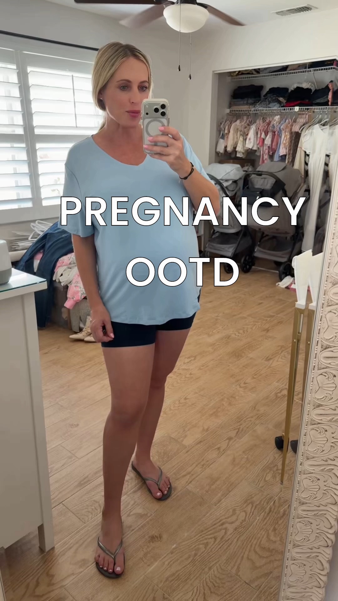 V-neck t-shirt. Biker shorts. Flip flops. Pregnancy style. Maternity outfit.

#LTKootd #LTKBump #LTKActive