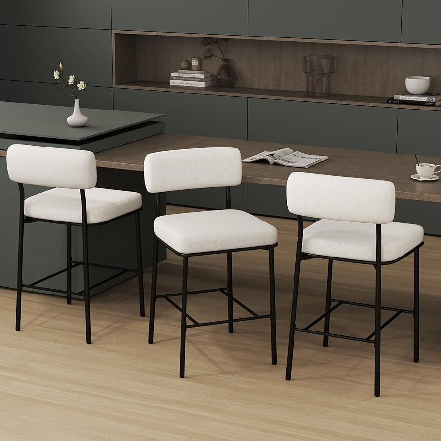 26" Counter Height Bar Stools Set of 3, Upholstered Barstools with Backs, Beige Fabric, Metal Bar... | Amazon (US)