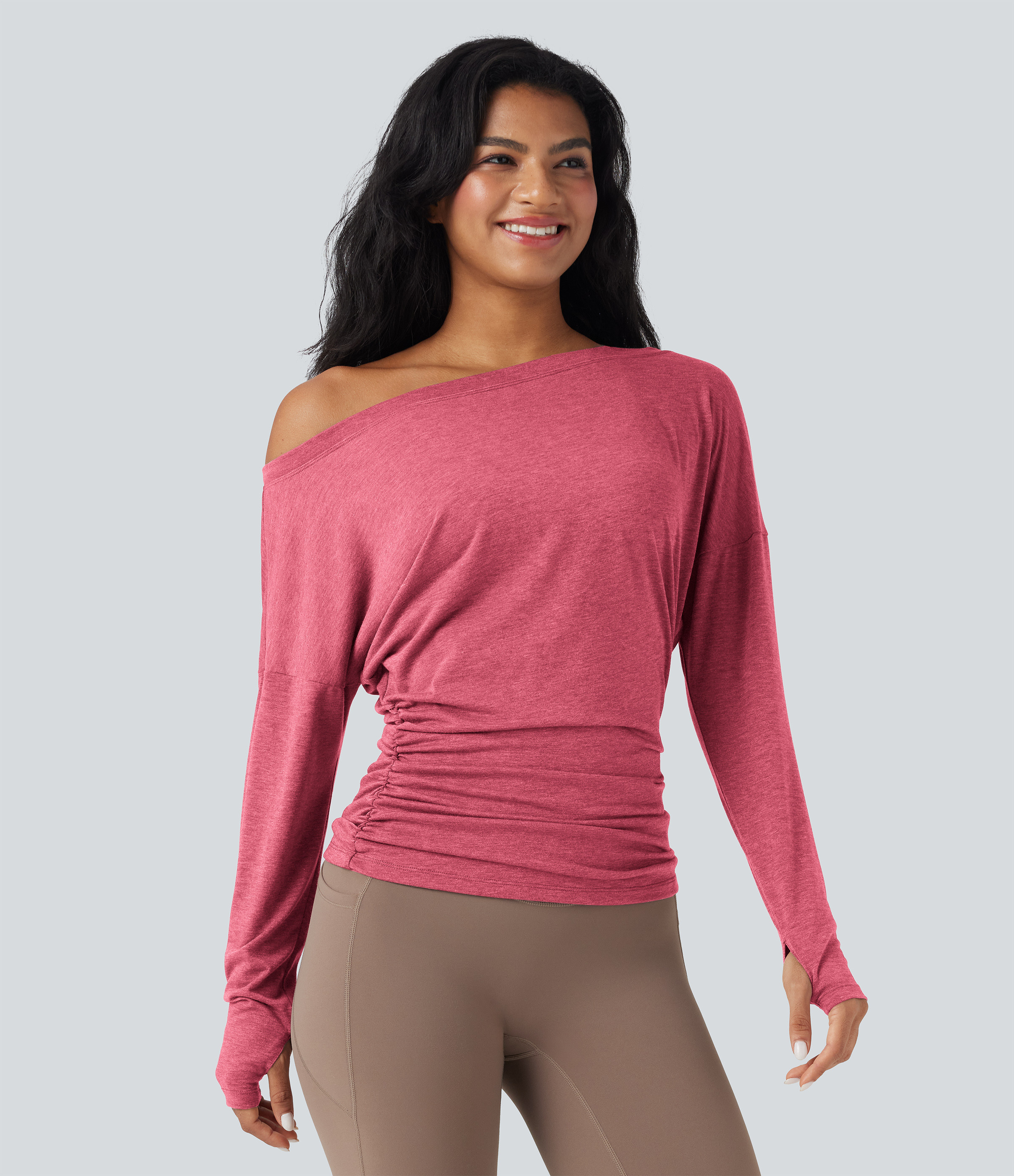 Halara One Shoulder Long Sleeve Thumb Hole Ruched Yoga Sports Top - Mottled Rose Pink - XL | HALARA
