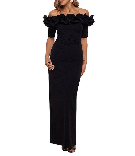 Ruffled Off-the-Shoulder Short Sleeve Crepe Sheath Gown | Dillard's