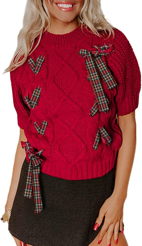Apvirdy Christmas Sweaters for Women Vintage Plaid Lace Up Puff Short Sleeve Sweater Crew Neck Ca... | Amazon (US)