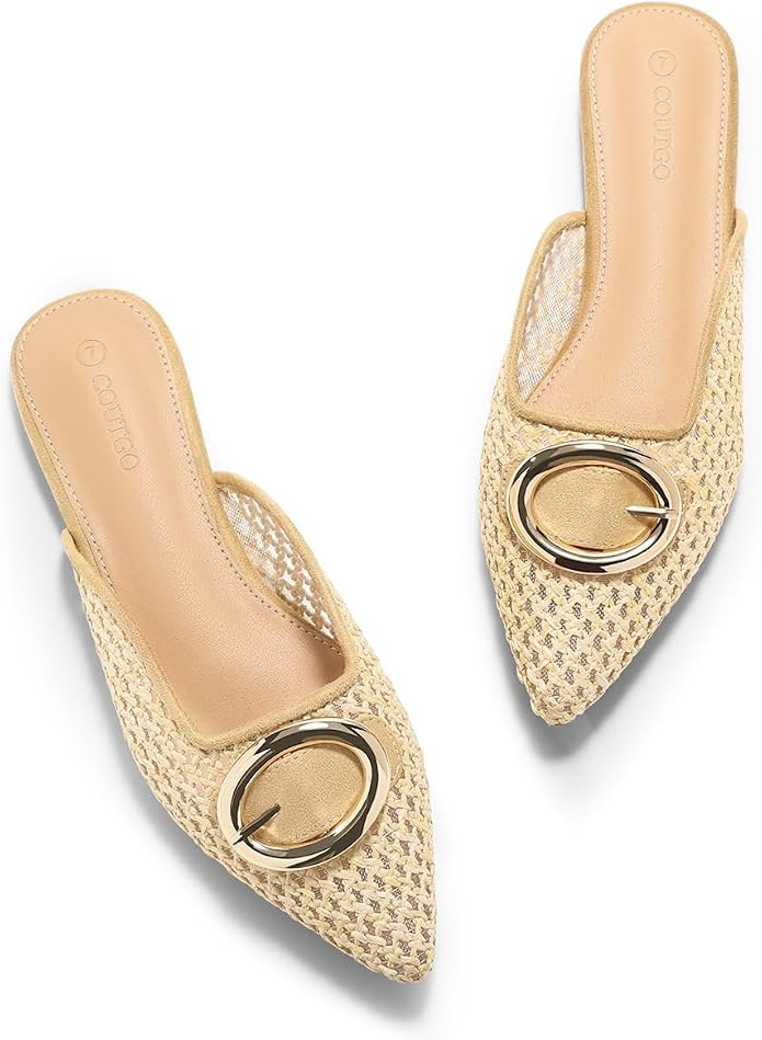Coutgo Womens Mules Flats Metal Closed Pointed Toe Slip On Slides Summer Dress Shoes | Amazon (US)