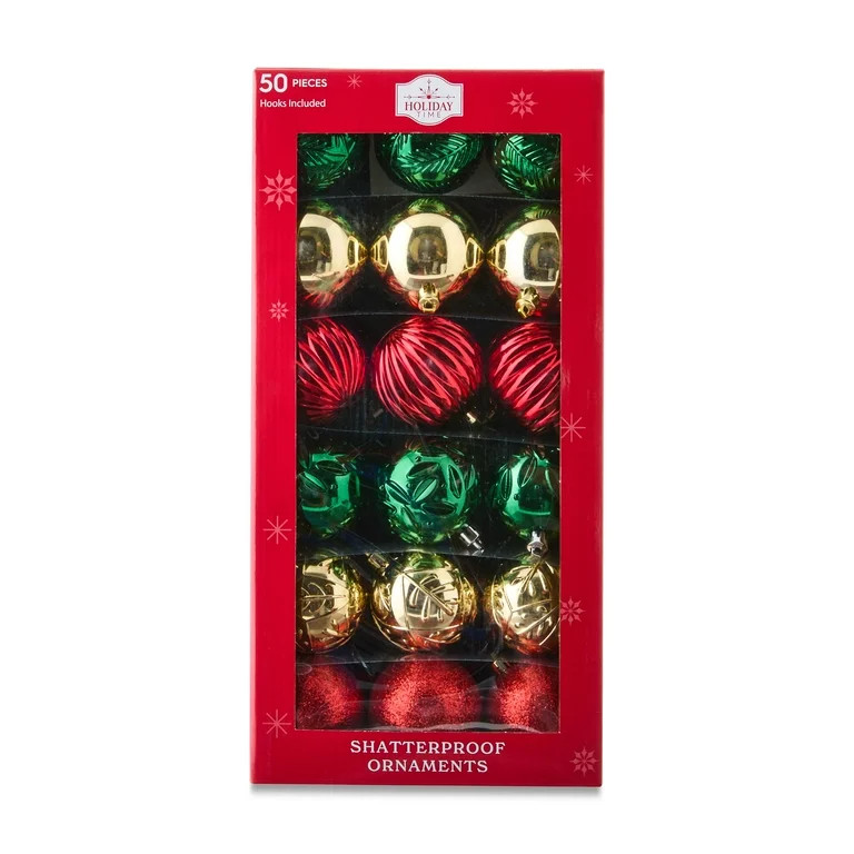 50-Count Red/Green/Gold Shatterproof Ball Christmas Ornaments, by Holiday Time - Walmart.com | Walmart (US)