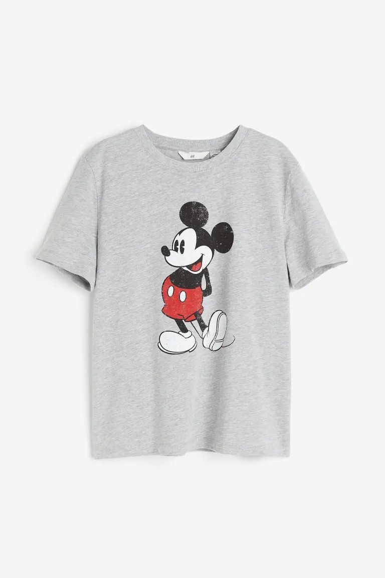 T-shirt with Motif - Round Neck - Short sleeve - Gray melange/Mickey Mouse - Ladies | H&M US | H&M (US + CA)