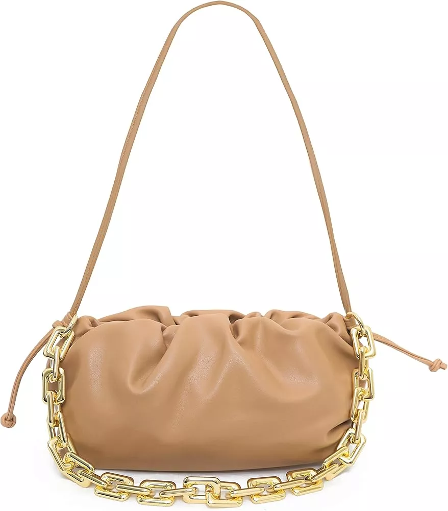 Prime Original Women's Chain Pouch Bag Cloud-Shaped Dumpling Clutch Purse Ruched Chain Link Shoulder Handbag, Size: Large, Beige