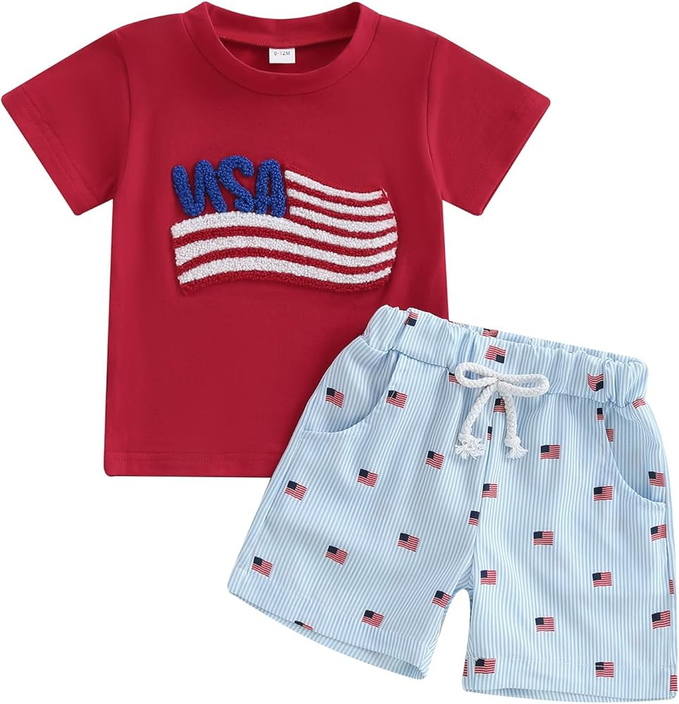 BeQeuewll Baby Boy 4th of july Outfit Short Sleeve Flag T-shirt Plaid Flag Shorts 2Pcs Summer 4th... | Amazon (US)