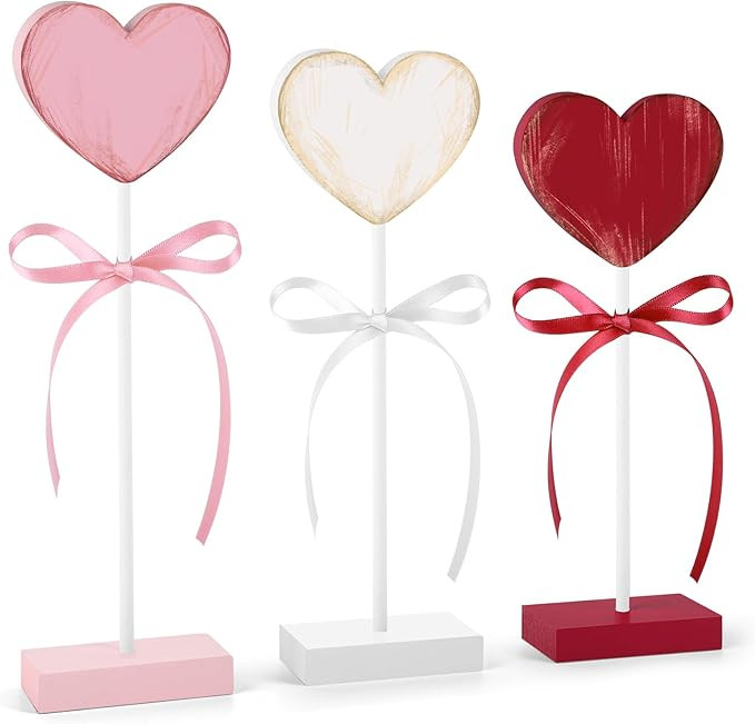 3 PCS Valentine's Day Table Decorations Wooden Heart Set Rustic Valentine Signs for Party Home Ki... | Amazon (US)