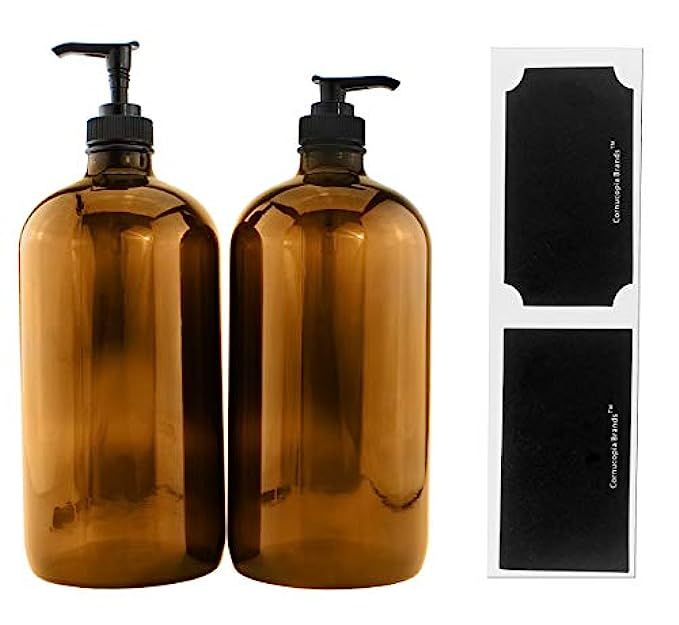32-Ounce Amber Glass Lotion Pump Bottles (2-Pack); Quart Size Brown Bottles w/Black Plastic Soap & L | Amazon (US)