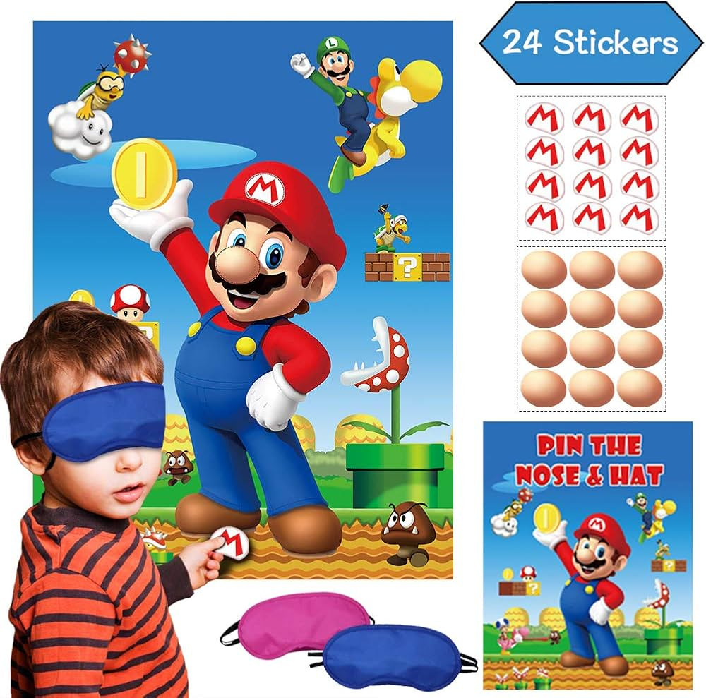 (24 Stickers) Video Game Party Game - Pin The Nose On The Face & Pin The M Insignia On The Hat ... | Amazon (US)