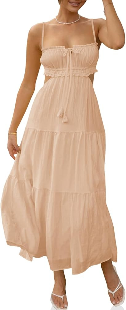 Fisoew Women's Spaghetti Strap Maxi Dress Summer Sleeveless Side Cut Out Dress Casual Boho Backle... | Amazon (US)