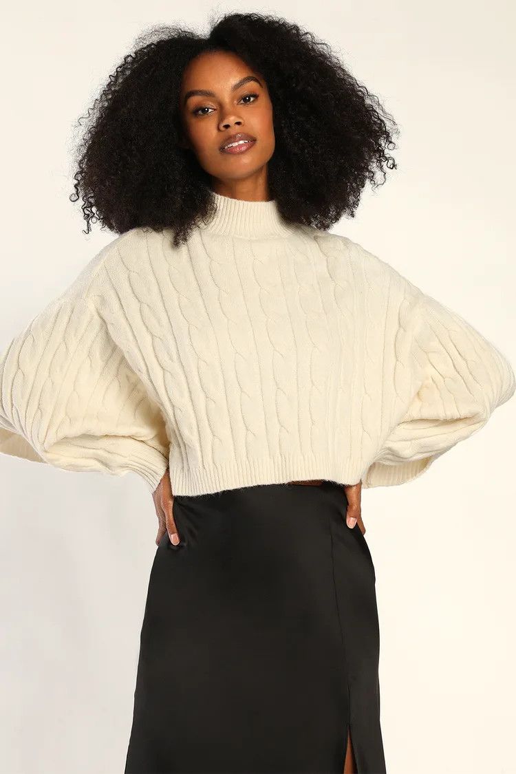 Cropped Cutie Ivory Cable Knit Cropped Mock Neck Sweater | Lulus (US)