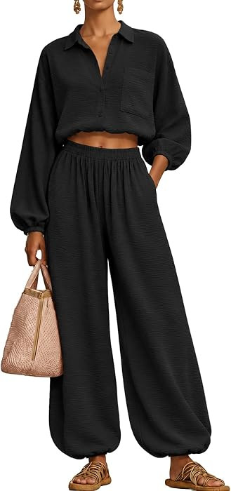 2 Piece Sets for Women Casual Shirt and Wide Leg Pants | Amazon (US)