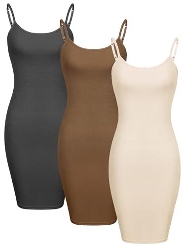 WILLBOND 3 Pieces Basic Cami Women Long Tanks Dress with Strap, Solid Color (Charcoal Gray, Beige, Tea Brown,XL), X-Large | Amazon (US)