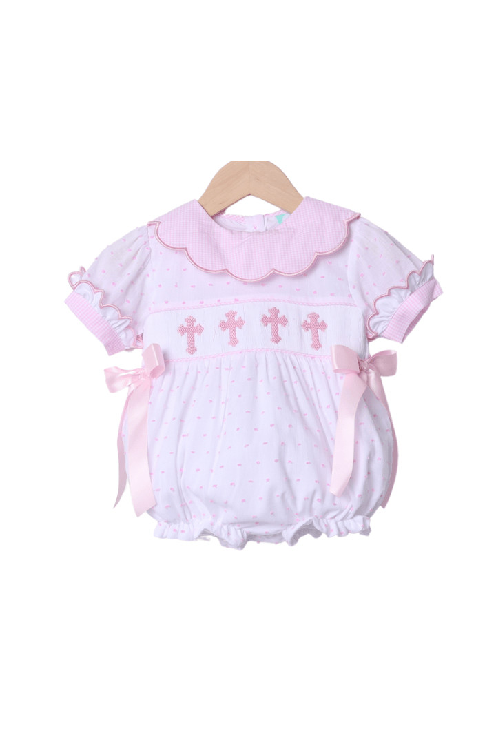 Smocked Pink Swiss Dot Cross Bubble | The Smocked Flamingo