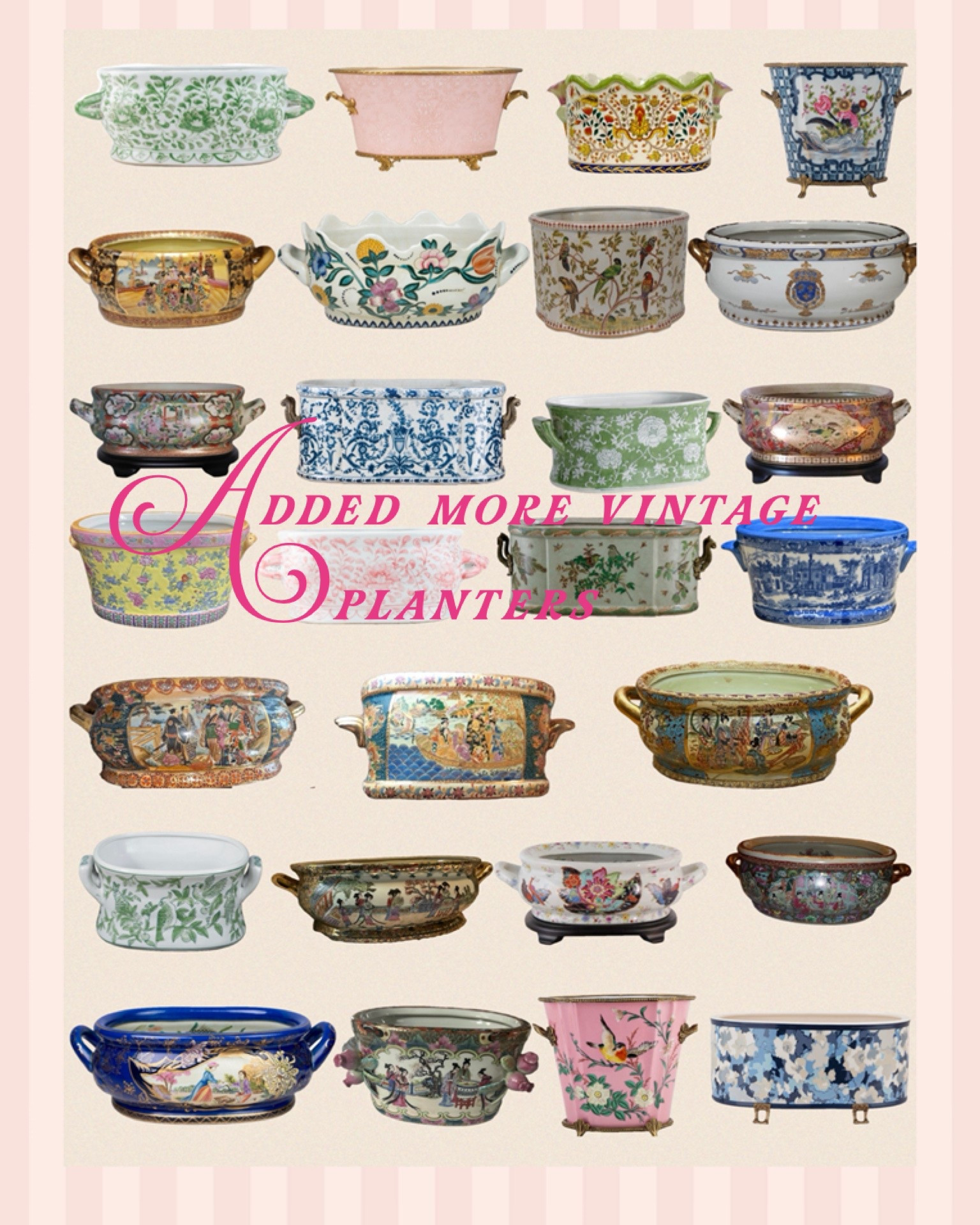 Added more vintage, and antique planters. A few new ones too! Please not that if they are one of a kind, once they’re gone, they’re gone! Keep checking back for newly added pieces! 

#planters #chinoiserie #chinoiserieplanters #footbathplanters #vintage #floralarrangements

#LTKHome