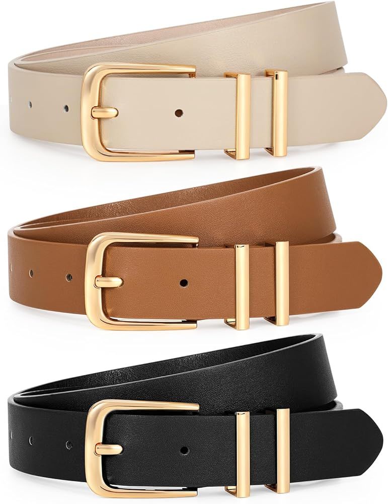 LEACOOLKEY 3 Pack Women's Leather Belts for Jeans Dresses Fashion Ladies Gold/Sliver Buckle Leath... | Amazon (US)