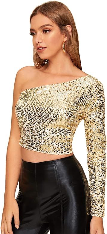 Verdusa Women's One Shoulder Glitter Sequin Crop T-Shirt Top | Amazon (US)