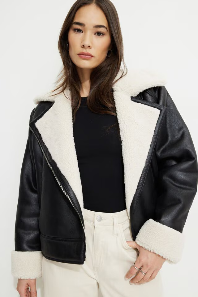 Sherpa Faux Leather Aviator Jacket | Dynamite Clothing