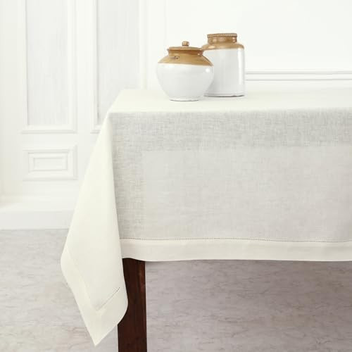Solino Home Ivory Linen Tablecloth 54 x 72 Inch - 100% Pure Linen Hemstitch Table Cloth for Rectangle Tables - Classic Hemstitch, Machine Washable Tablecloth for Spring, Summer | Amazon (US)