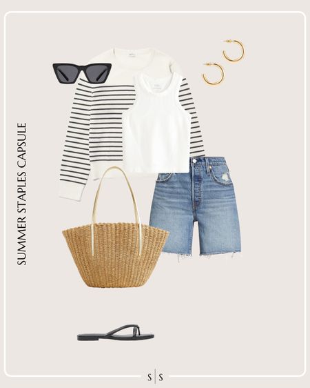 Summer Staples Capsule Wardrobe outfit idea | white tank, denim shorts, striped knit sweater, straw tote bag, slide sandals, sunglasses, gold hoops

See the entire Summer Staples Capsule Wardrobe on thesarahstories.com ✨ 


#LTKStyleTip