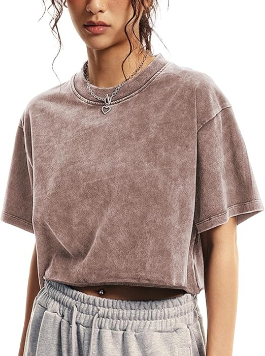 Womens Oversized Vintage T Shirts Casual Cropped Tees Short Sleeve Cotton Acid Wash Tops Summer G... | Amazon (US)
