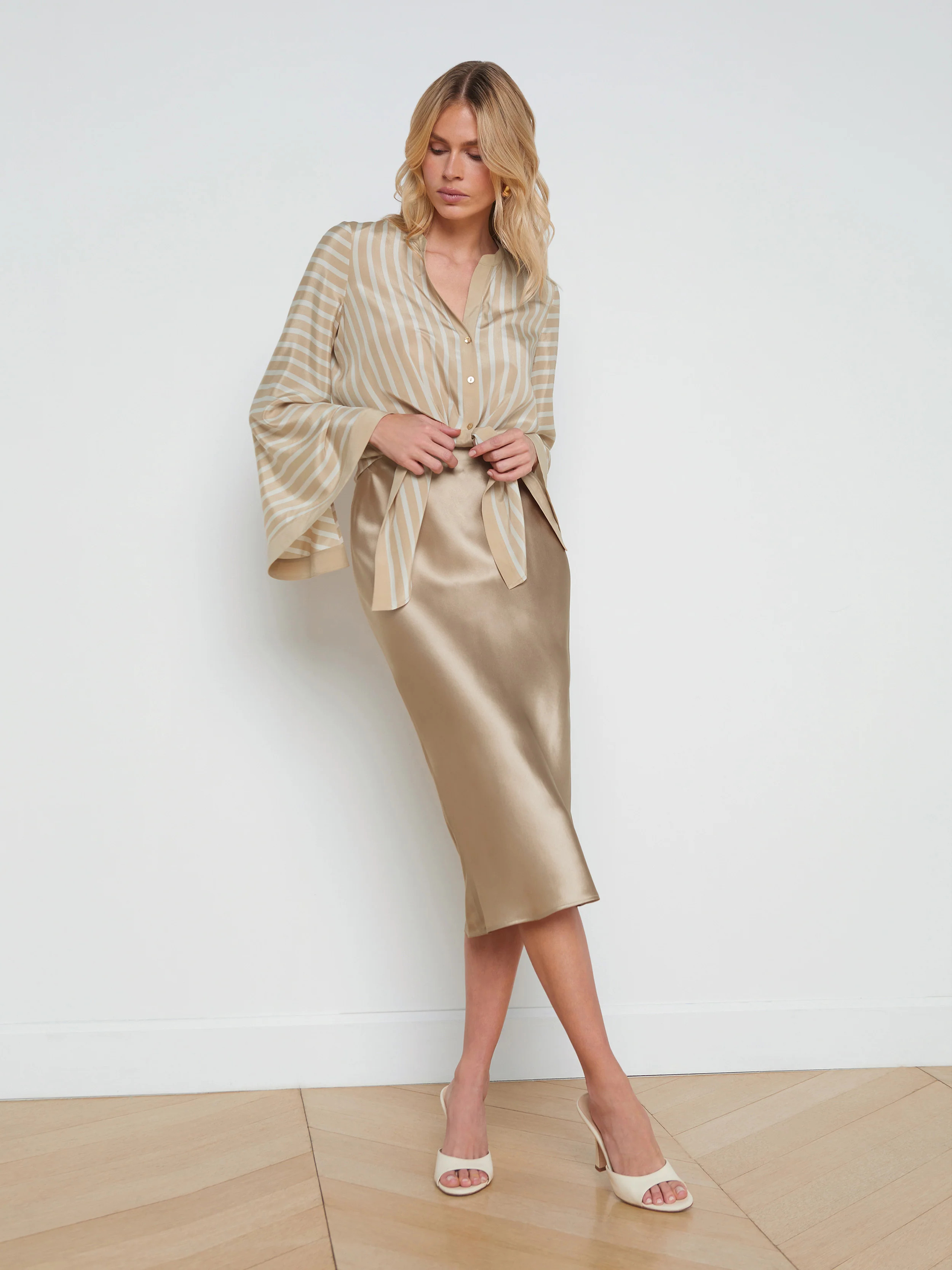 L'AGENCE - Perin Silk Midi Skirt in Almond | L'Agence