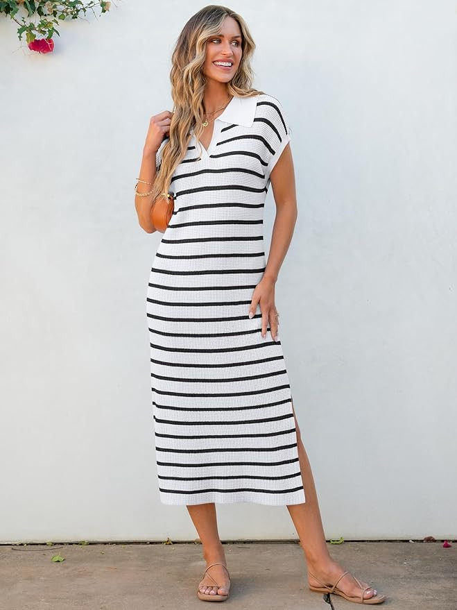 ANRABESS Women's Summer Striped Midi Dress 2025 Casual Short Sleeve V Neck Loose Knitted Side Sli... | Amazon (US)