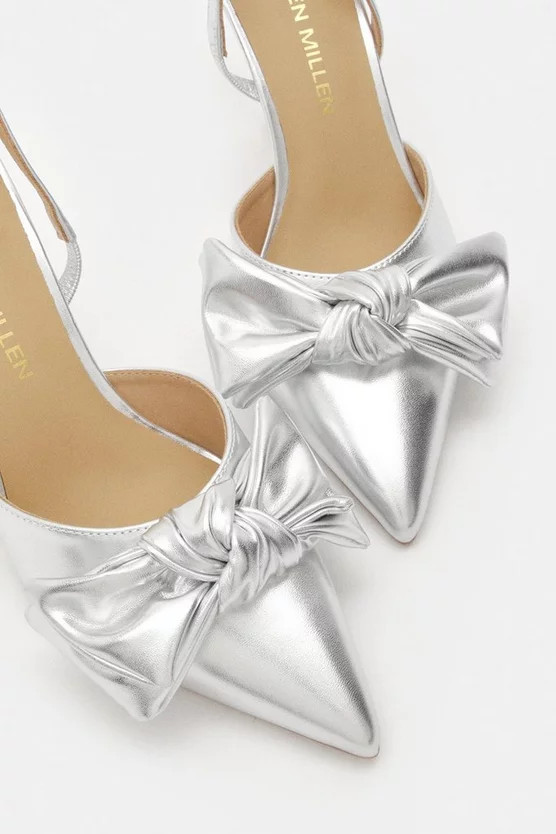 Metallic Faux Leather Extreme Bow Slingback Court Heel | Karen Millen | Karen Millen UK + IE + DE + NL