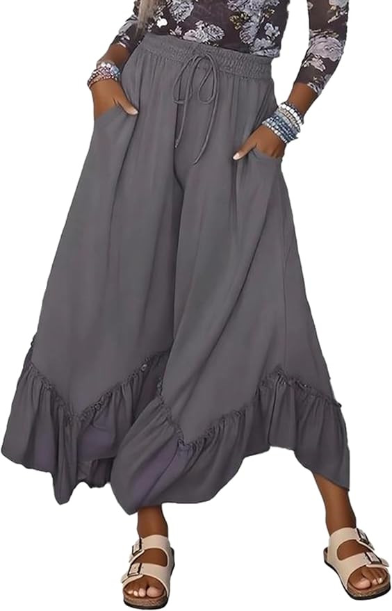Womens Baggy Wide Leg Palazzo Pants Loose Lounge Ruffled Hem Adjustable Drawstring Culotte Trouse... | Amazon (US)