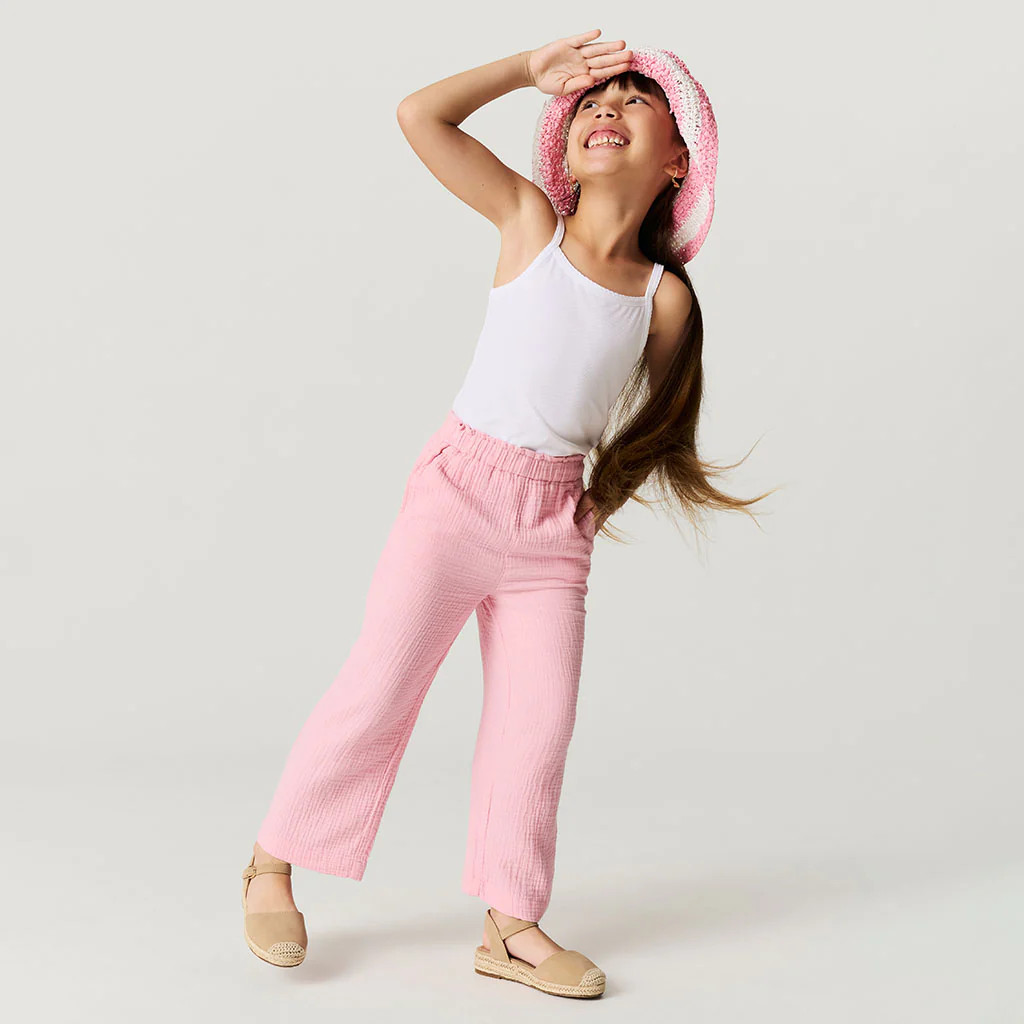 Solids Pink Long Happy Pink Cotton Crinkle Paperbag Pants | Posh Peanut® | Posh Peanut