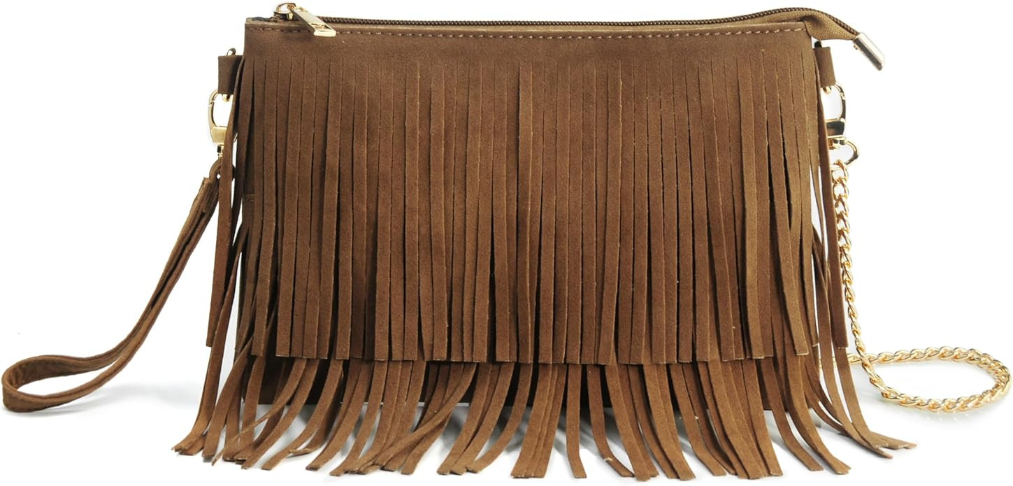 HOXIS Fringe Cross Body Bag Womens Small Shoulder Bag Top Zip Wristlet | Amazon (US)