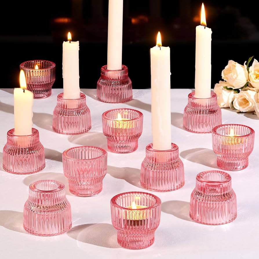 12pcs Pink Taper Candle Holders, Glass Candlestick Holders, Tea Light Candle Holder for Galentine... | Amazon (US)