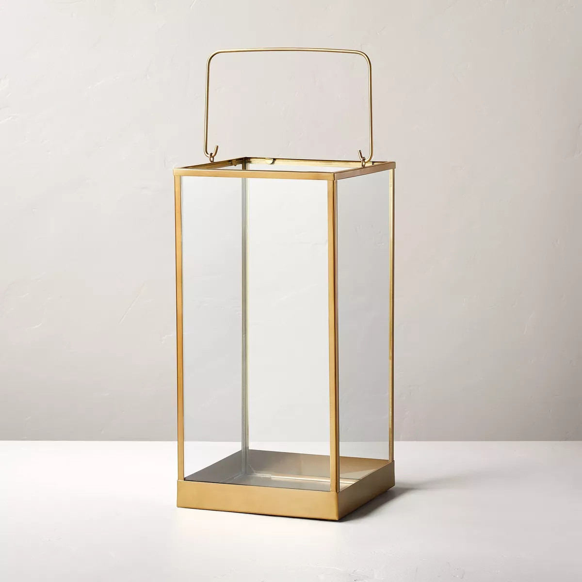 Large 20" Square Metal & Glass Pillar Candle Lantern Brass - Hearth & Hand™ with Magnolia | Target