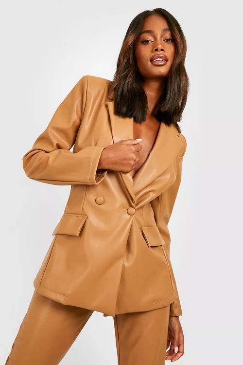 Faux Leather Plunge Fitted Tailored Blazer | Boohoo.com (US & CA)