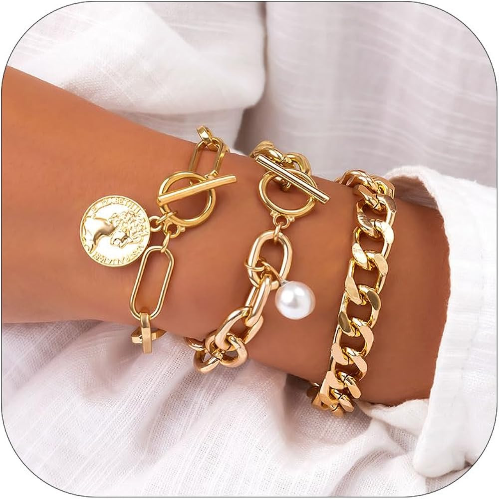 Gold Bracelets for Women Gold Stack Bracelets Gold Pearl Bracelet Chunky Gold Paperclip Chain Her... | Amazon (US)