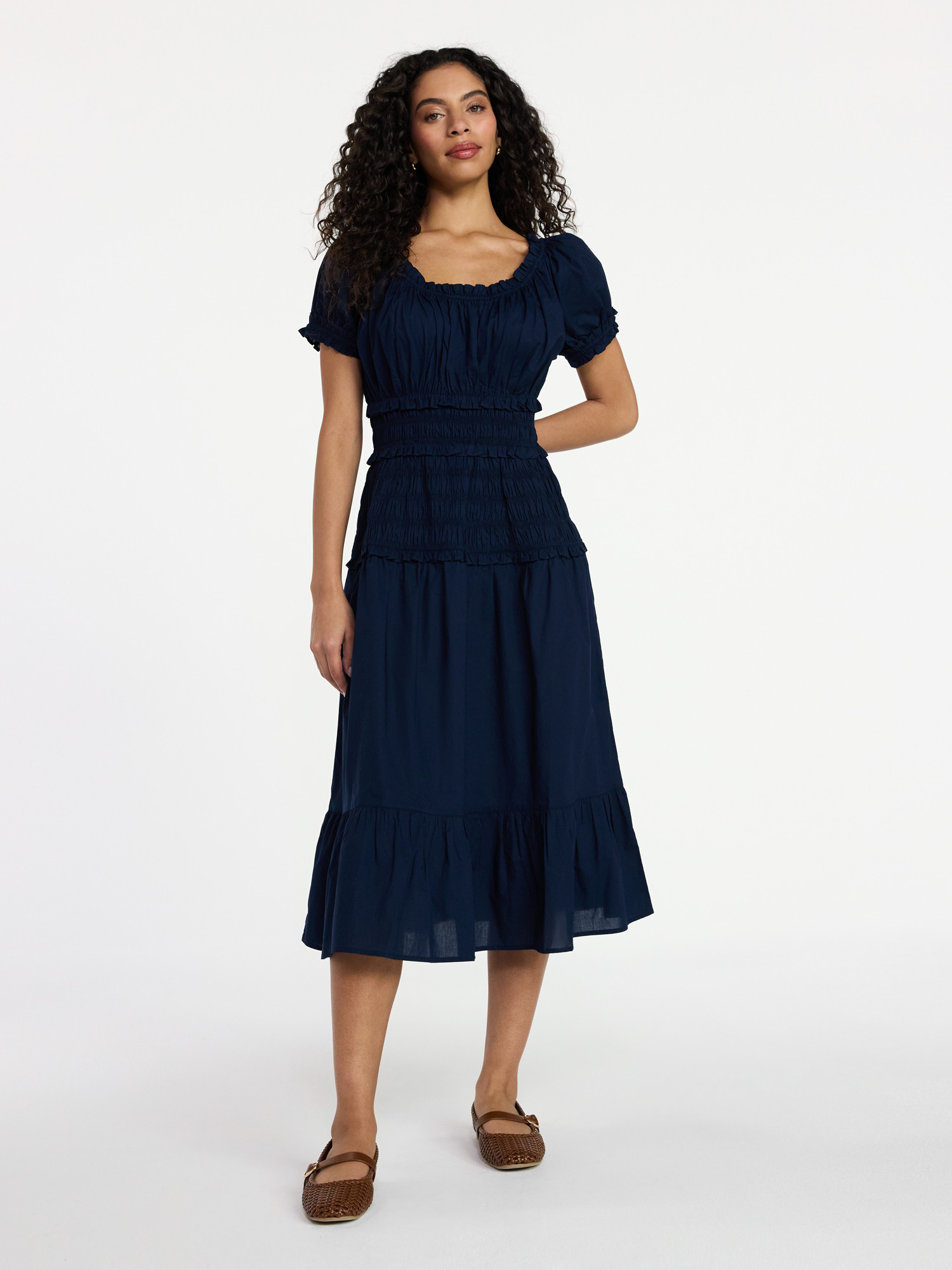 Time and Tru Women's Smocked Cotton Peasant Dress with Short Sleeves, Sizes XS-XXXL | Walmart (US)