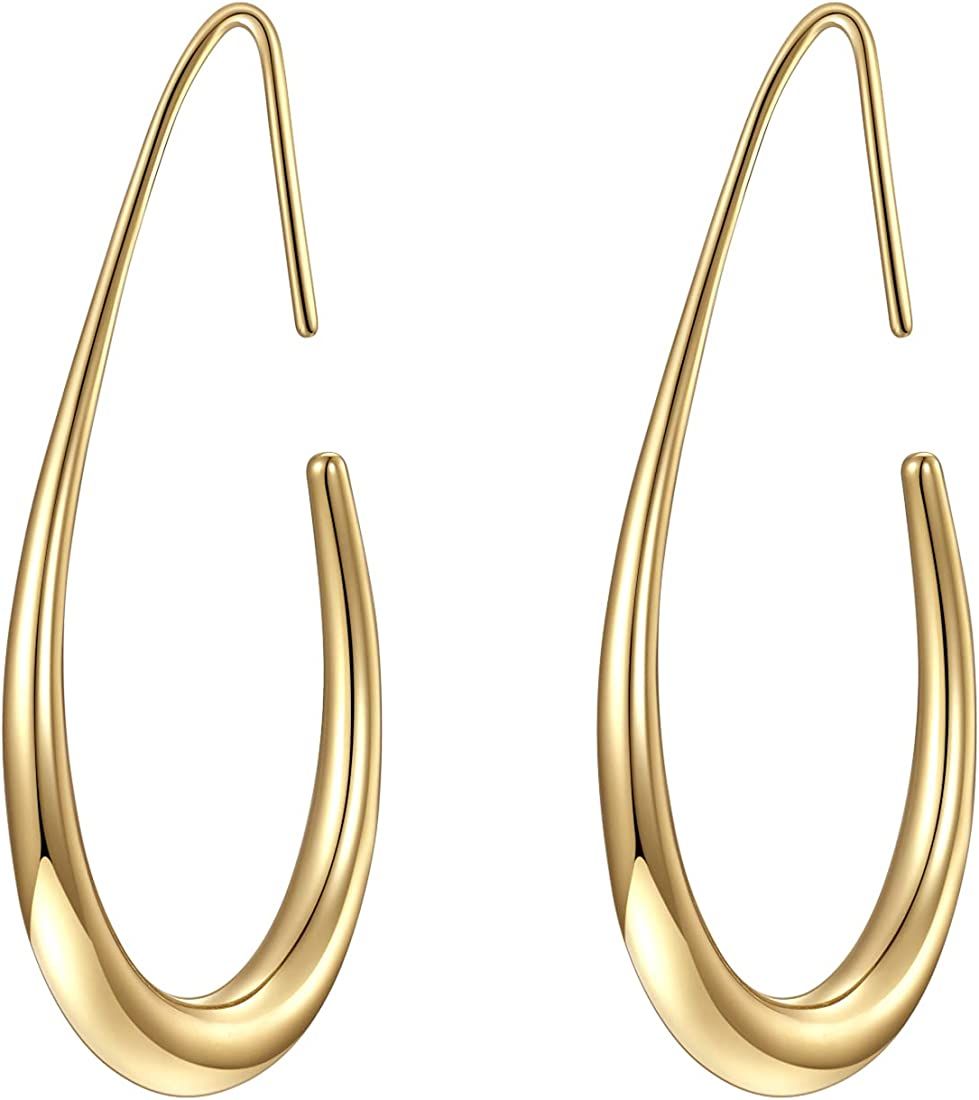 Lightweight Teardrop Hoop Earrings for Women - 14k Gold/White Gold Plated Large Oval Pull Through Ho | Amazon (US)