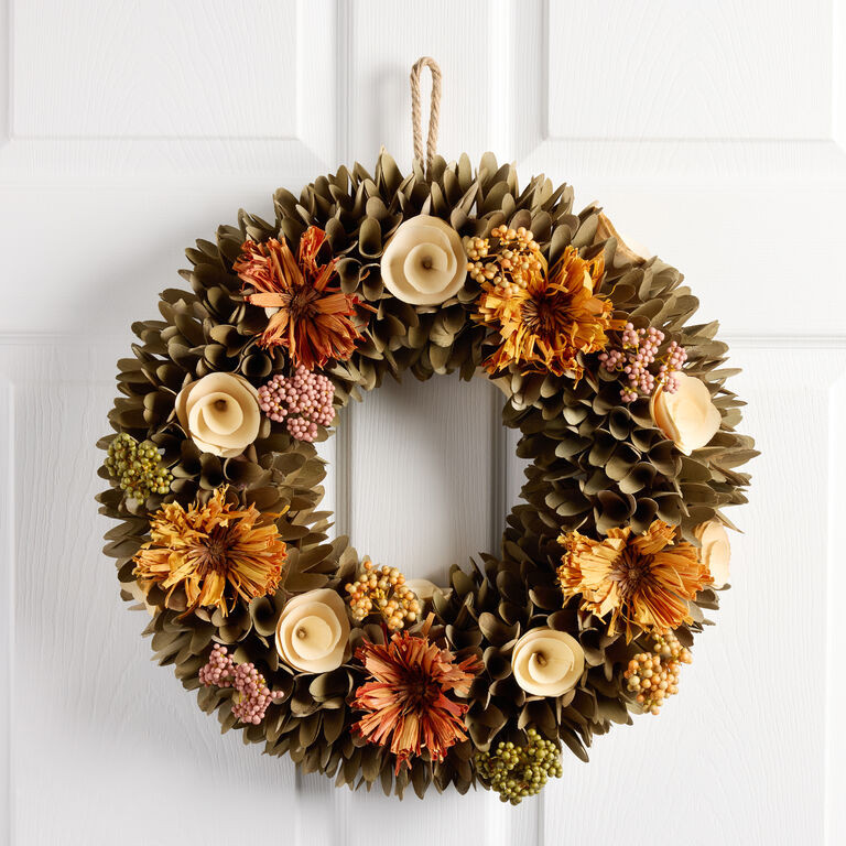 Wood Curl Fall Flowers and Berries Wreath | World Market