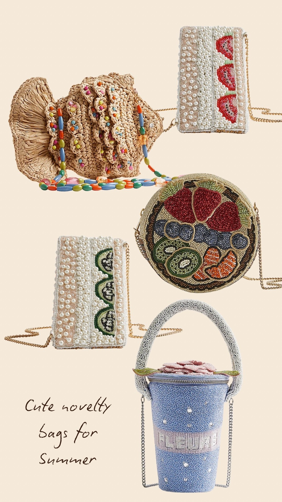 Cute novelty bags for summer on the high street
Beaded bags, clutch bags, event dressing perfect for Wimbledon
Cucumber sandwich, flower bag, fish bag

#LTKsummer #LTKeurope #LTKfestival