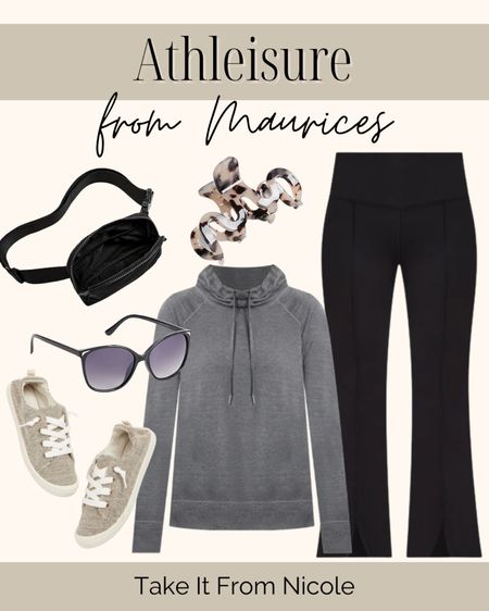Athleisure from Maurices! Items include a black flare pair of leggings, a grey sweatshirt, a black Fanny pack, claw clip, black pair of sunglasses and a pair of sneakers.  

#LTKSeasonal #LTKunder100 #LTKstyletip