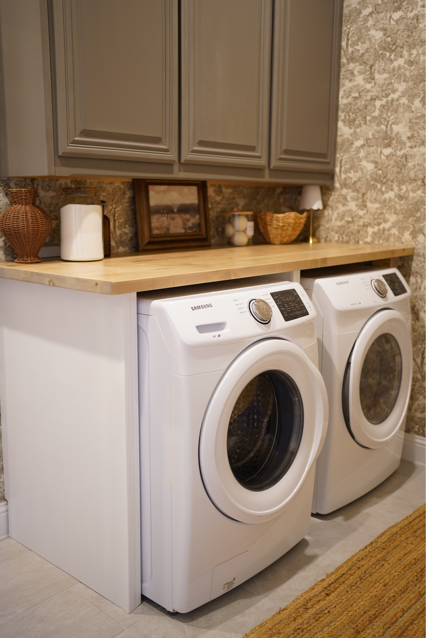 Laundry room makeover 
Butcher block we used & stain linked! 
Wallpaper and adhesive we used to apply! 

#LTKHome