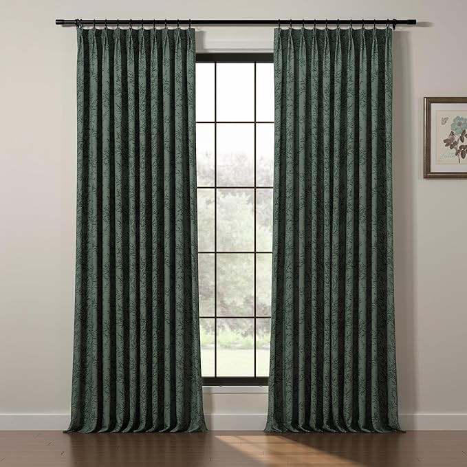 TWOPAGES 52W x 90L Inches Pinch Pleat Curtain for Traverse Rod Leaves Pattern Light Filtering Pri... | Amazon (US)