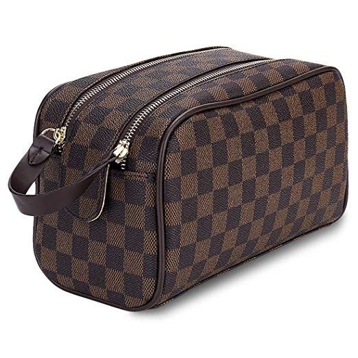 Luxury Checkered Cosmetic Bag Two-Zipper Make Up Bag PU Leather Toiletry Travel Bag for Women,Brown | Amazon (US)